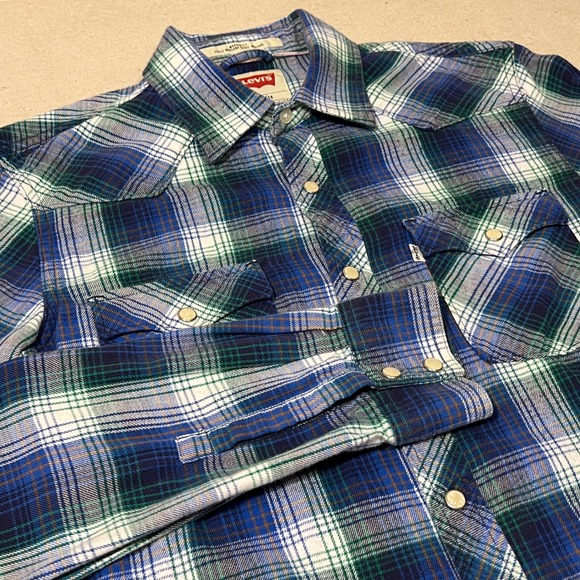 Levi's Modern Fit Western Shirt Blue Green Plaid Menswear Small - Picture 1 of 7